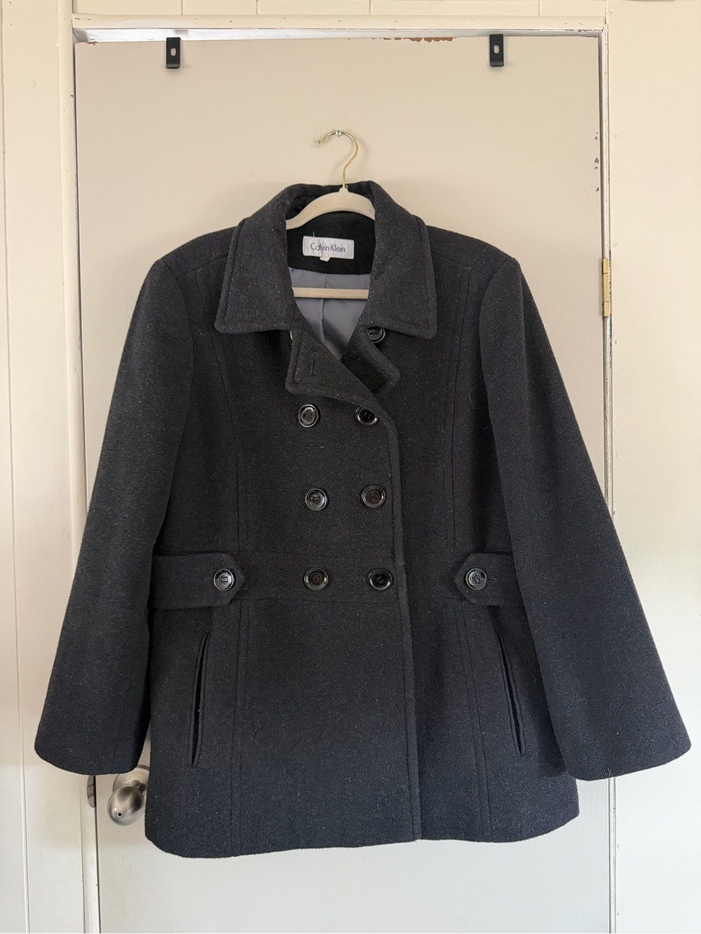 Calvin Klein Women's Double-Breasted Peacoat wool blend in Dark Gray